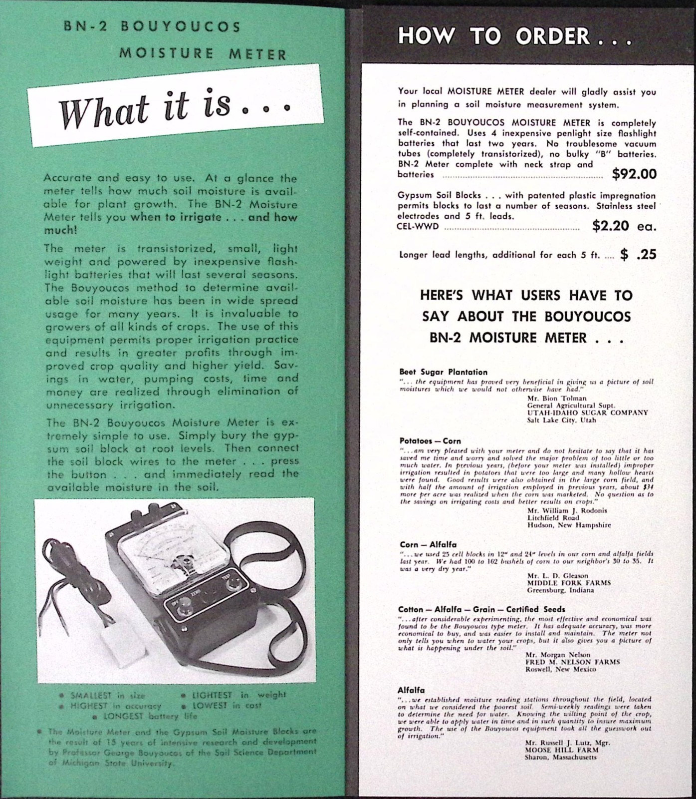 1960s Bouyoucos Industrial Instruments Moisture Meter for Better Crops Brochure
