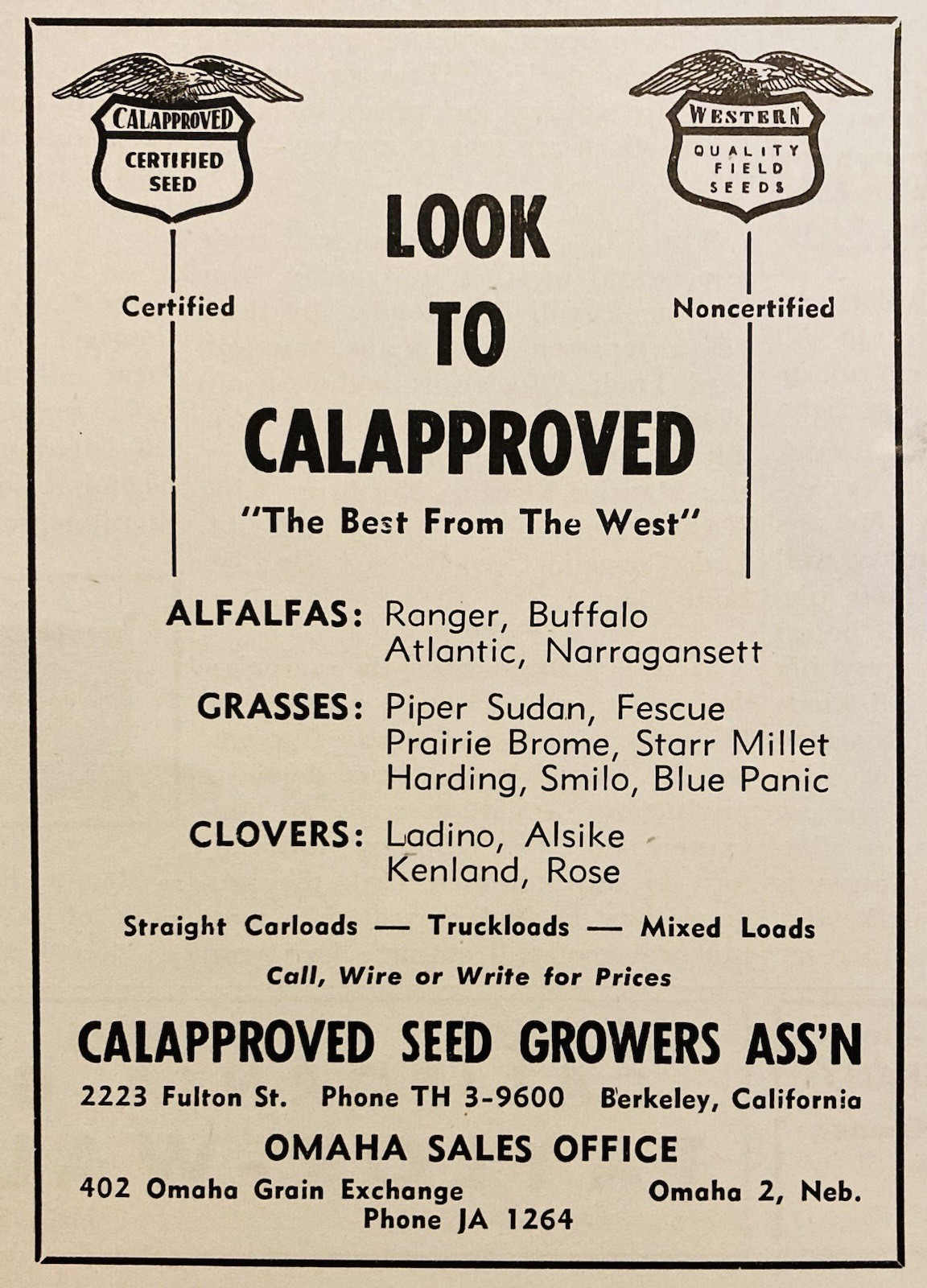 1954 AD.(XH85)~CALAPPROVED SEED GROWERS ASS’N, OMAHA, NEBR. GRASSES, CLOVERS