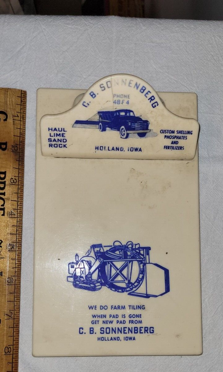 vtg C.B. SONNENBERG Trucking & Tiling HOLLAND IOWA Clip Board Plastic 1940&rsquo;s