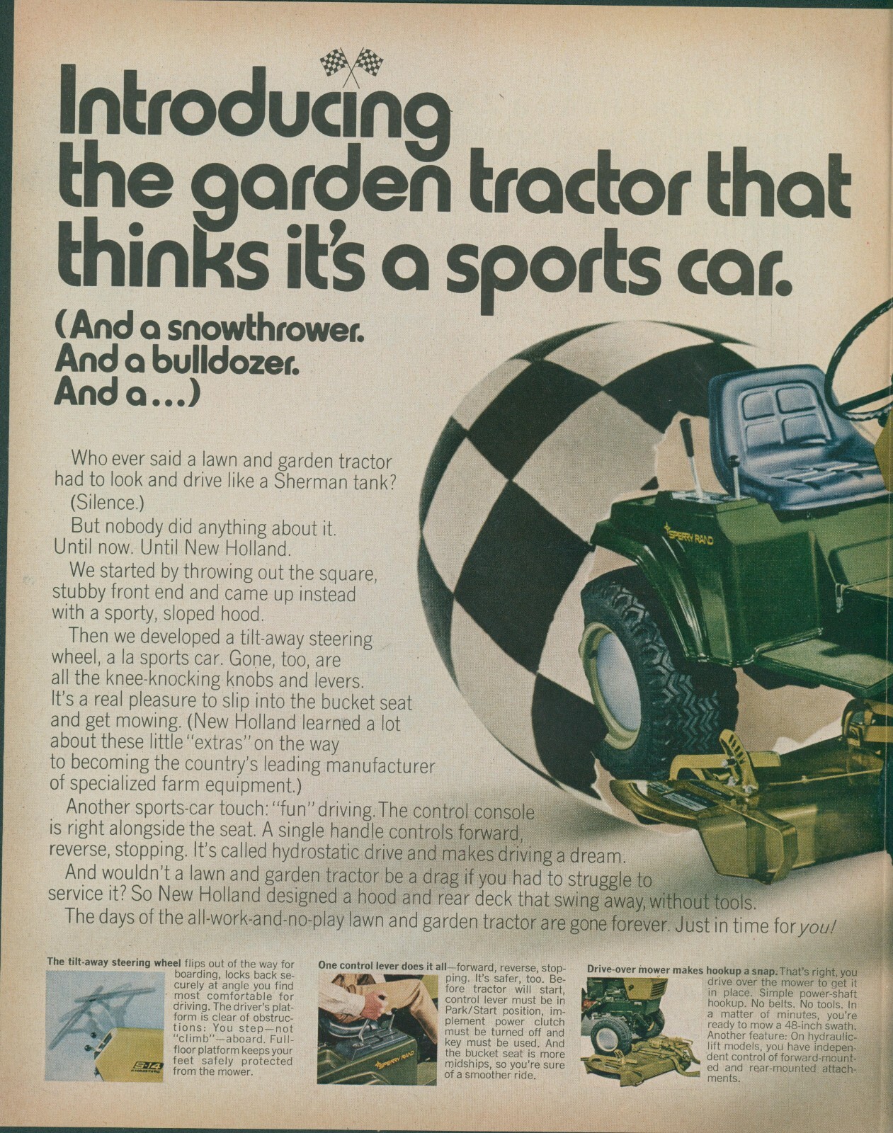 1971 New Holland Garden Tractor Thinks It Is Sports Car Sperry Rand Print Ad L35
