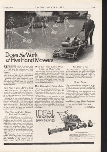 1918 IDEAL POWER TRACTOR LAWN MOWER OUTDOOR YARD LANDSCAPE LANSING AD 9554