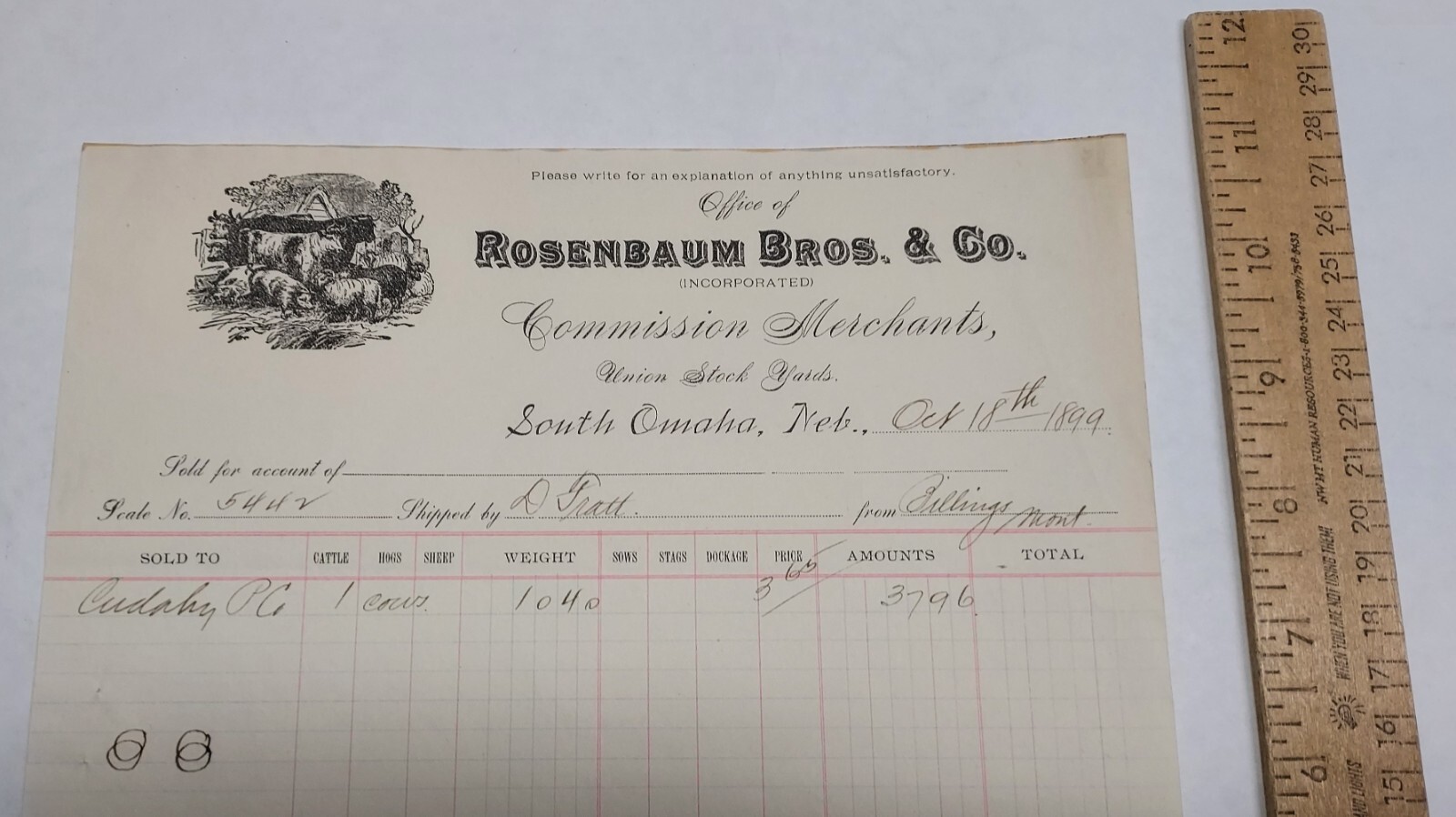 1899 ROSENBAUM BROS & CO Commission Merchants – RECEIPT – listing #7446