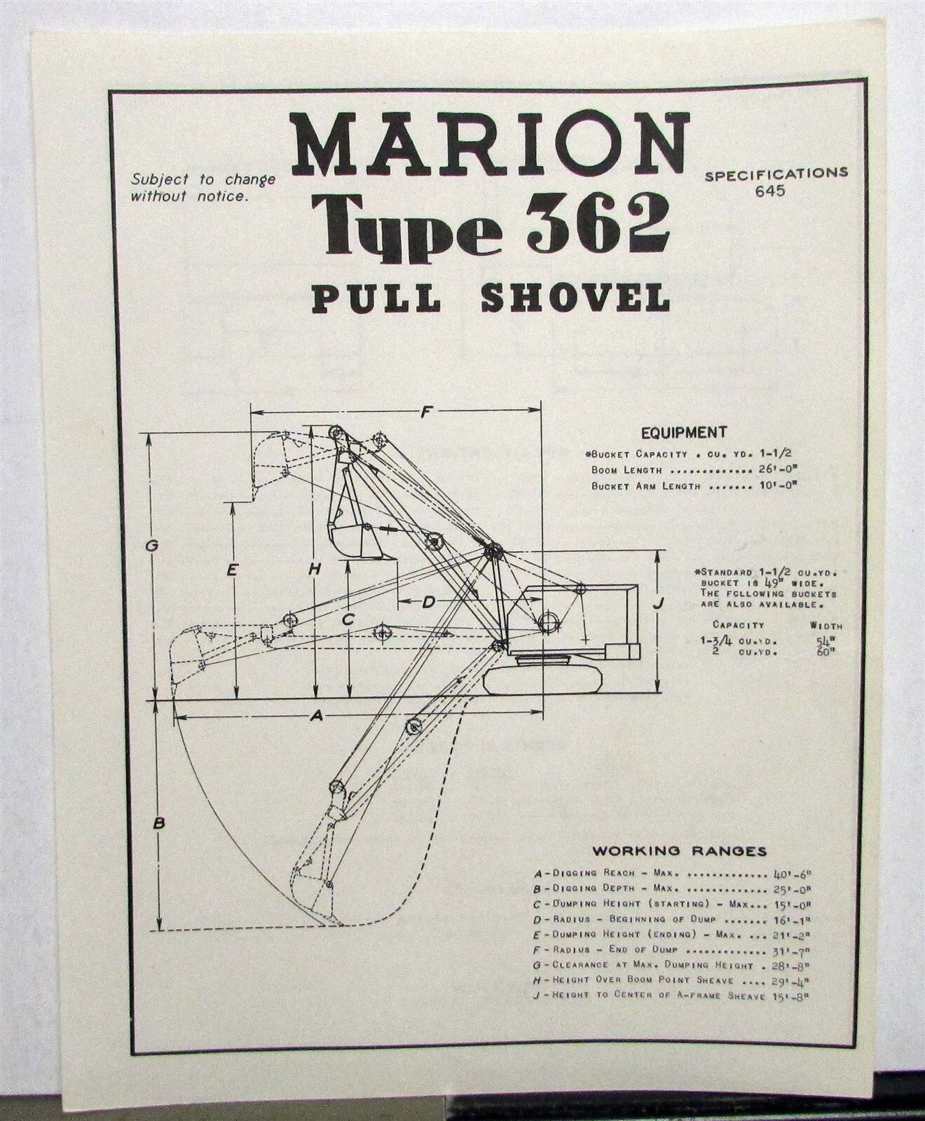 1947 Marion 362 Pull Shovel Specifications Construction Sales Data Sheet