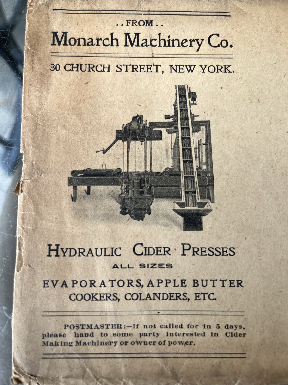 Antique Monarch Hydraulic Apple Cider Press Envelope, Bela Pa. Clarion Co.
