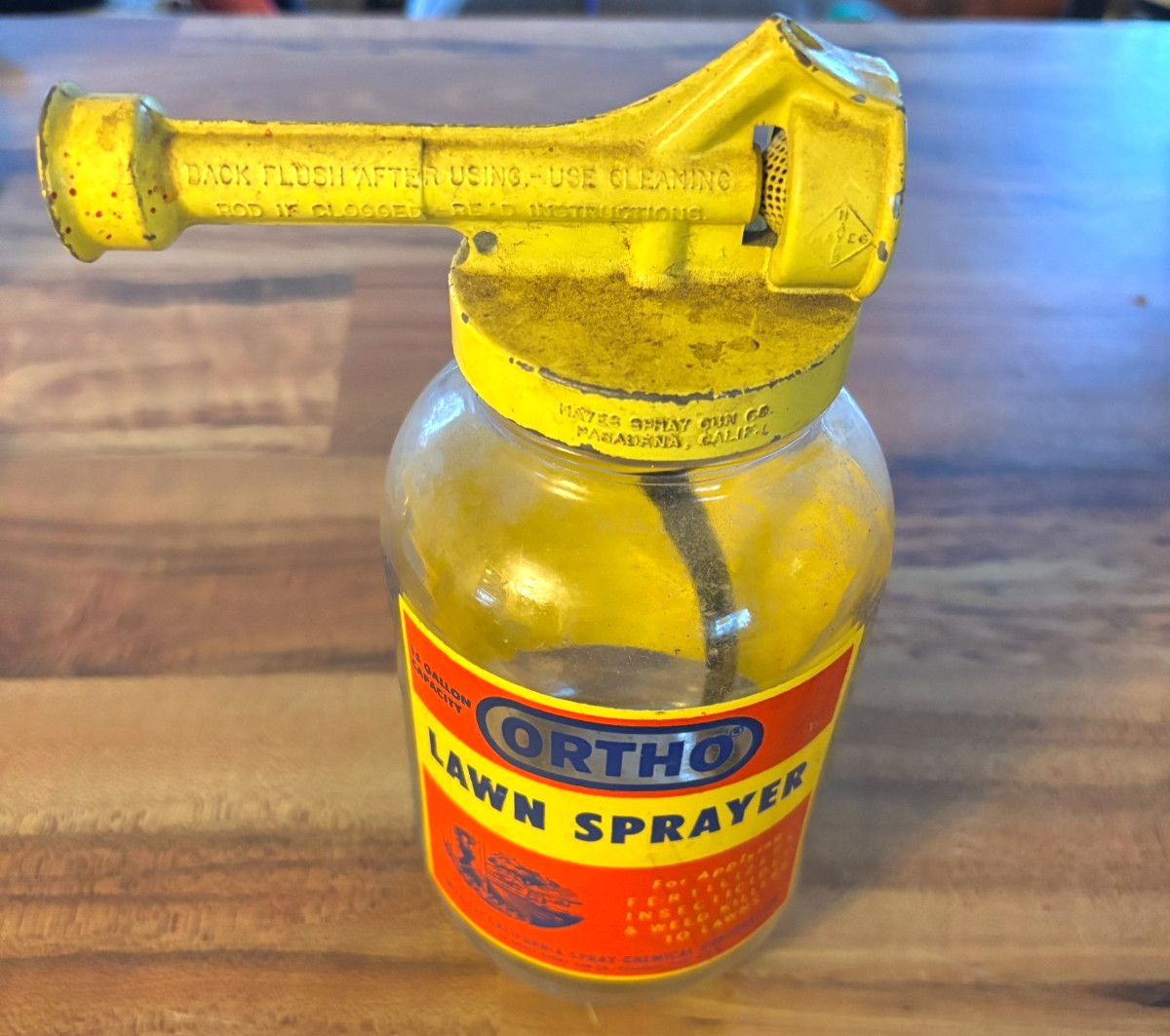 Vintage Ortho Lawn Sprayer Glass Jar Yellow Metal Lid 8&Prime; w/ Instructions on Jar