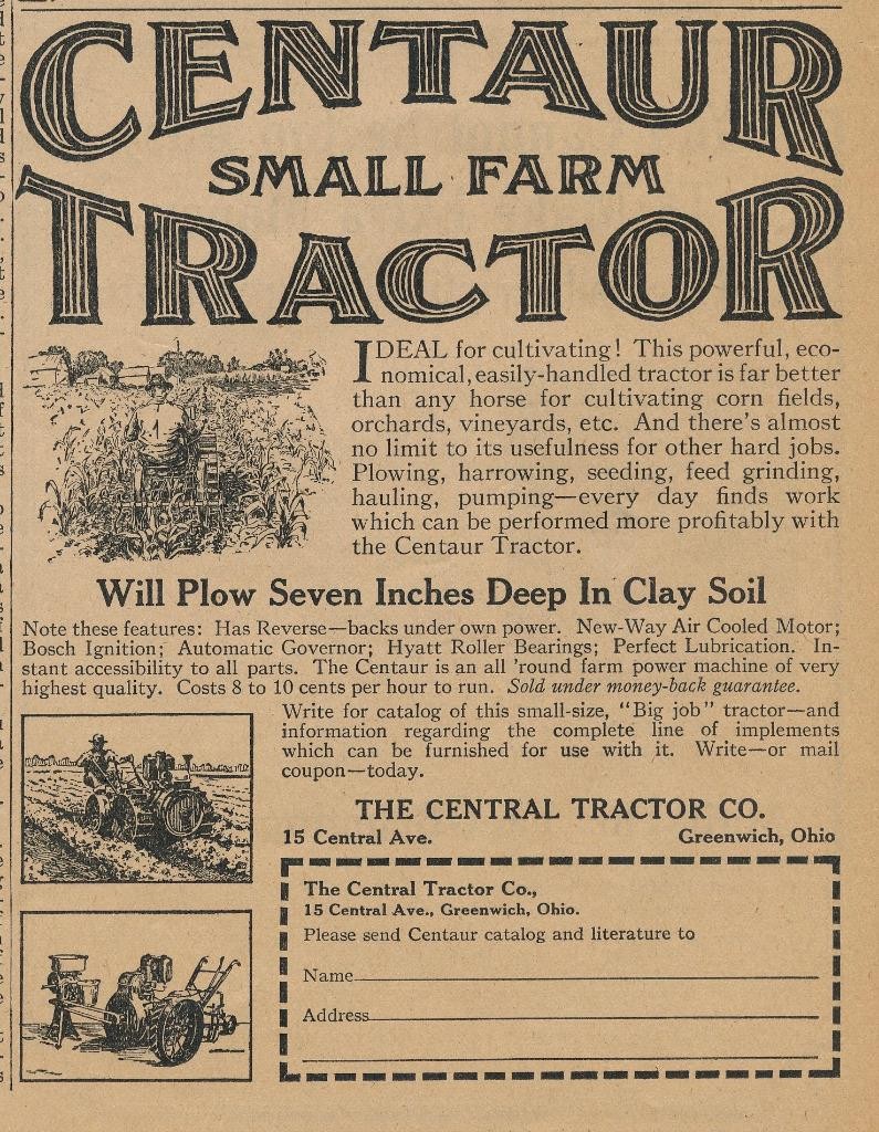 Magazine Ad – 1924 – Centaur Farm Tractor – Central Tractor Co., Greenwich, OH