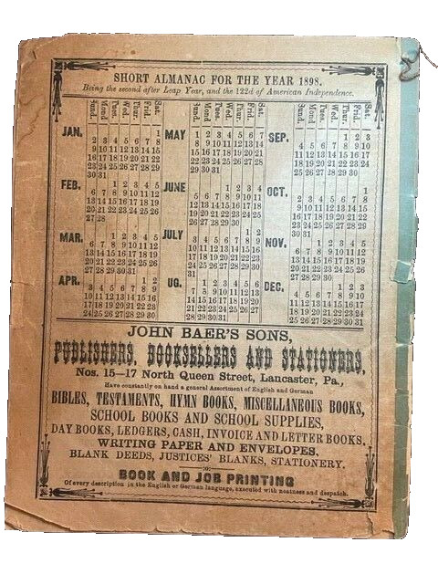 1898 Agricultural Almanac Lancaster PA John Baers Sons 73rd volume antique