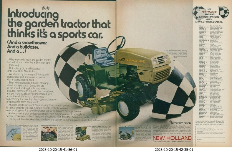 1971 New Holland Garden Tractor Thinks It Is Sports Car Sperry Rand Print Ad L35