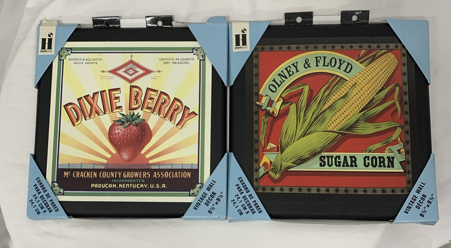 Set 2 Fruit Vegetable Crate Label Trivets Wood Frame w/Hanger Farmhouse Wall Art