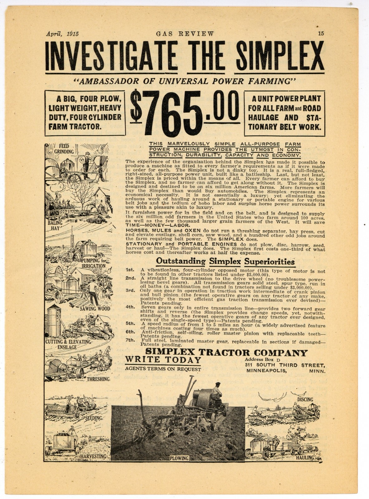1915 Simplex Tractor Ad: « Ambassador of Universal Power Farming » Minneapolis MN