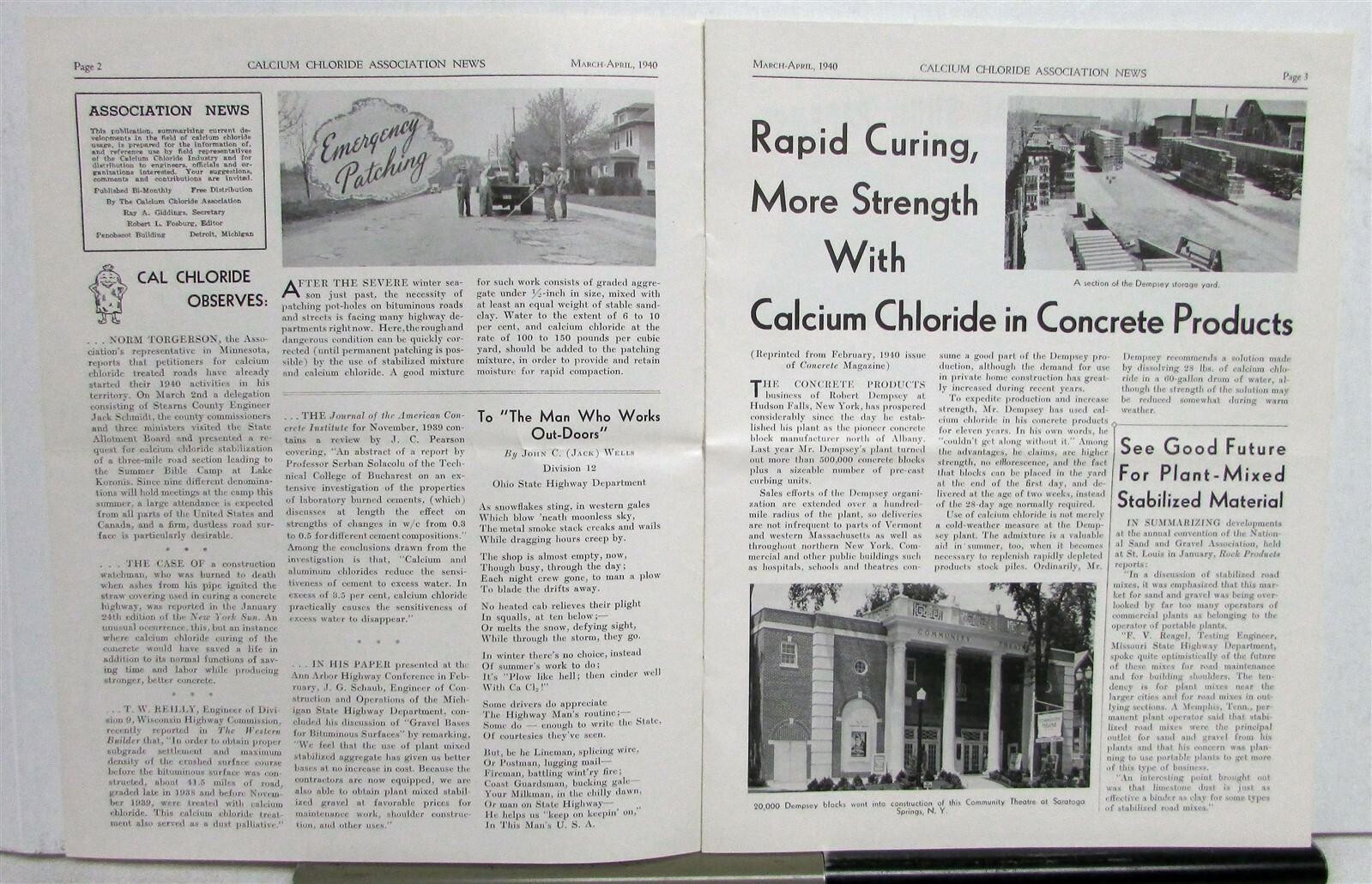 1940 Calcium Chloride News Mach/April Road Construction Original