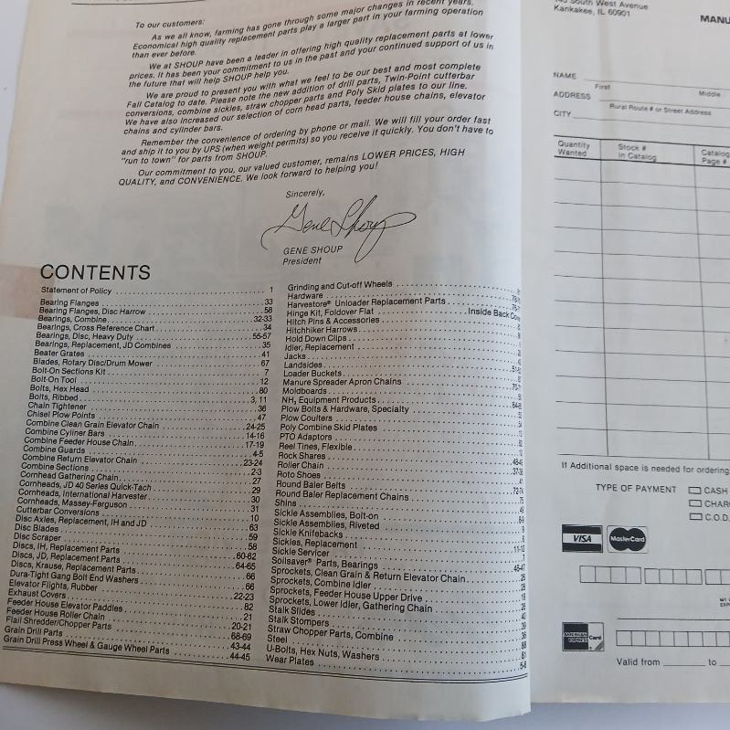 Shoup Manufacturing Company Fall 1986 Catalog Tractor Parts Kankakee IL. Farming