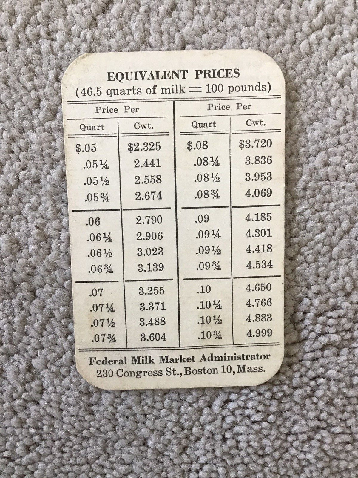 Vintage Federal Milk Market Administrator Boston 2 1/4&Prime; x 3 1/2&Prime; Price Card