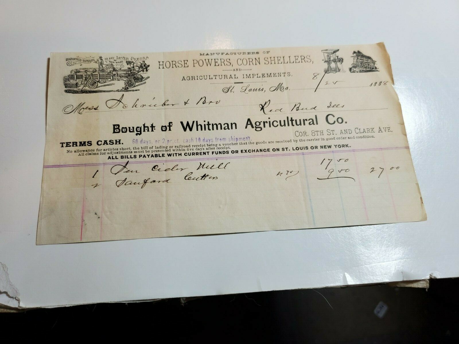 FARM IMPLEMENTS LETTERHEAD BILLHEAD WHITMAN AGRICULTURAL CO. Horse Corn Sheller