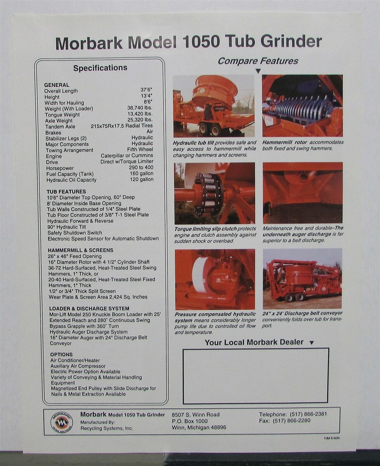 1990s Morbark 1050 Tub Grinder Specifications Construction Sales Brochure