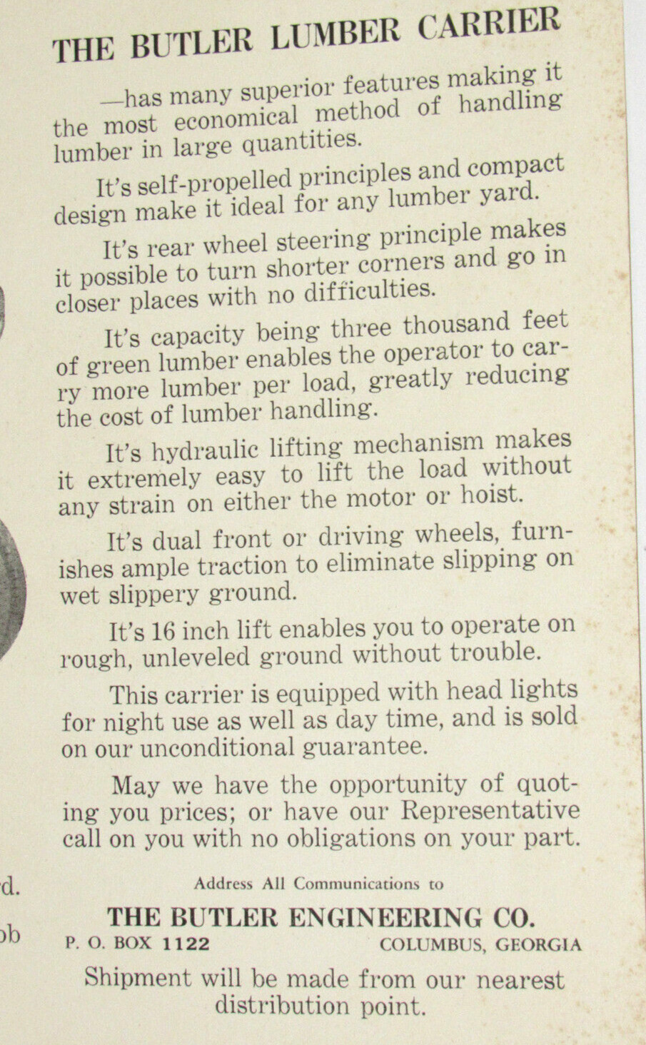 VINTAGE 1930s SELF-PROPELLED LUMBER CARRIER & WAGON POSTER/BROCHURE! COLUMBUS,GA