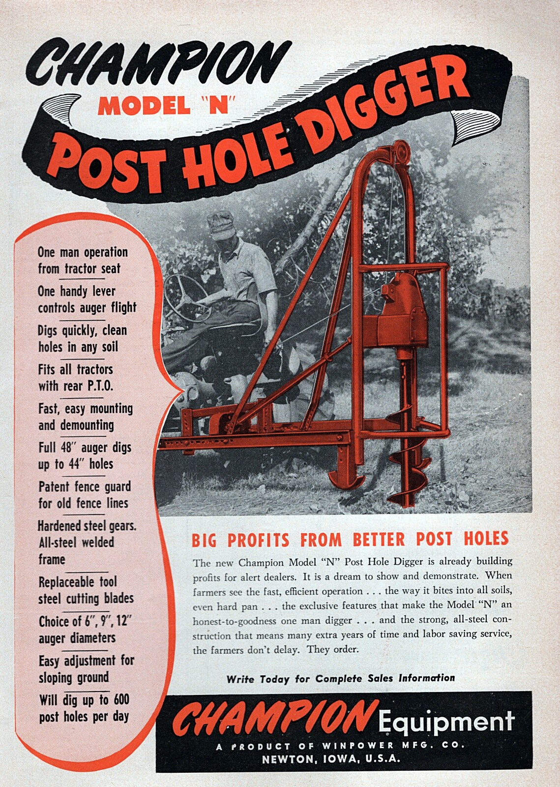 1951 Champion Model N Post Hole Digger Farm Implement Original Print Ad