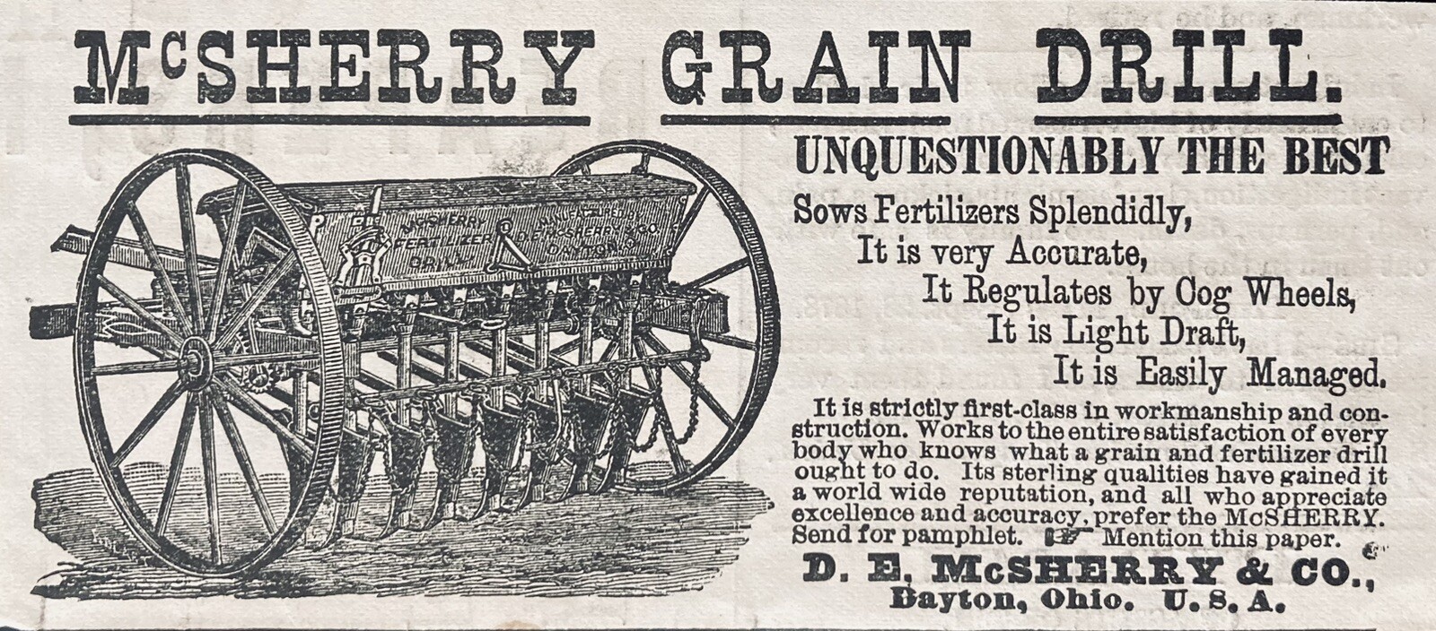 1882 AD.(XH64)~D.E. MCSHERRY CO. DAYTON, OHIO. MCSHERRY GRAIN DRILL