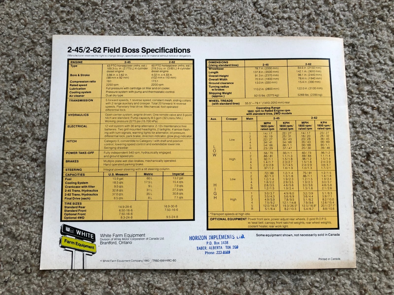 1980 White 2-45 and 2-62 tractors original sales literature.