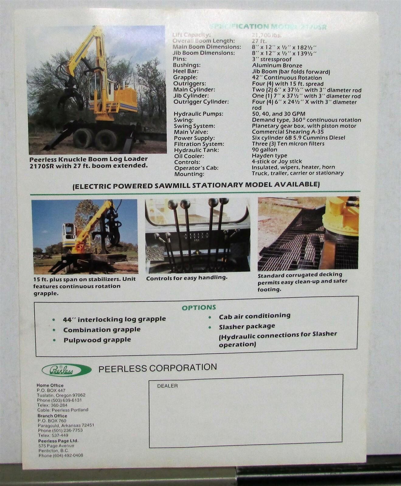 1975-1980 Peerless 2170SR Hydraulic Log Loader Construction Sales Sheet