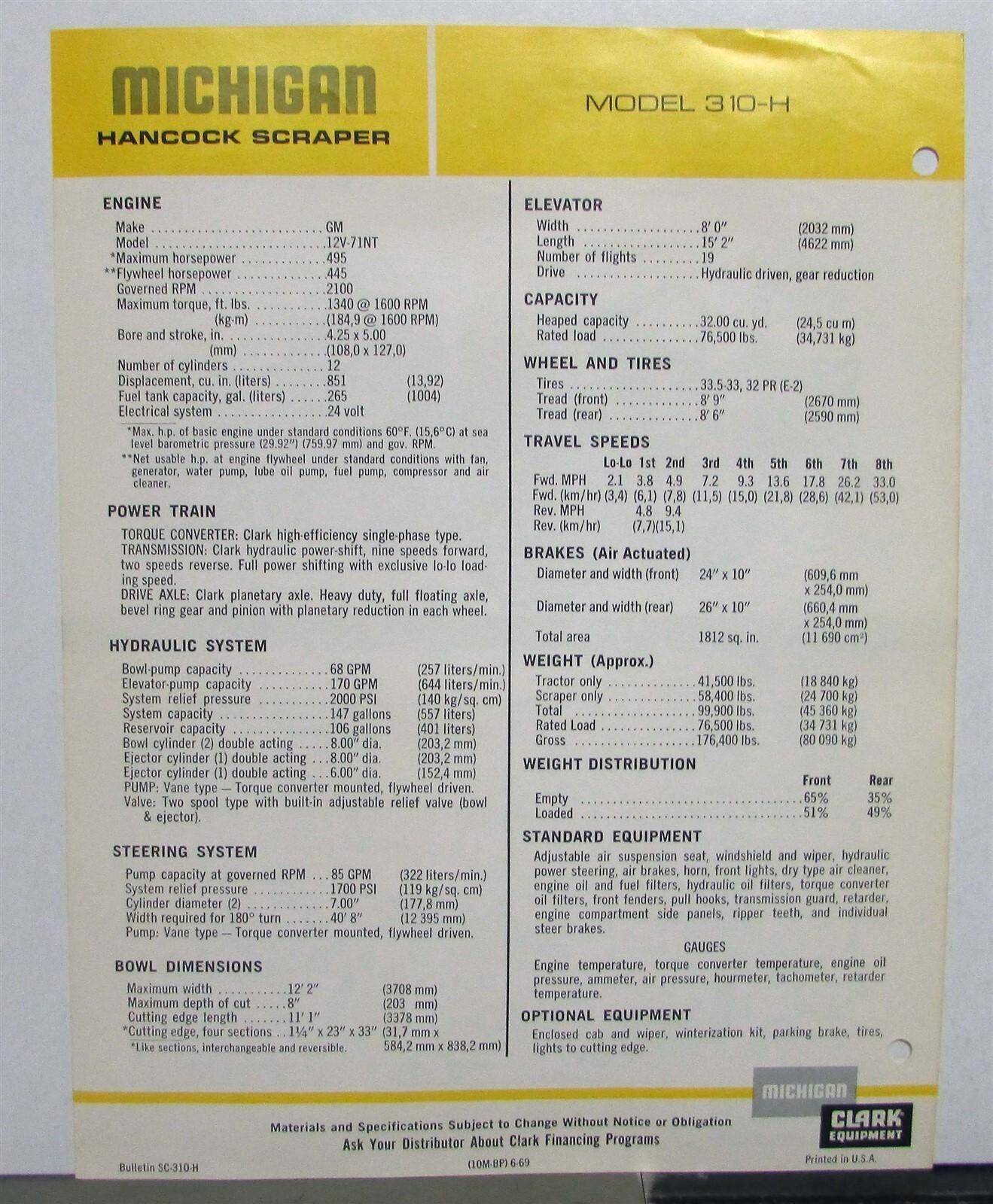 1969 Michigan 310H Hancock Scraper Specifications Construction Sales Data Sheet