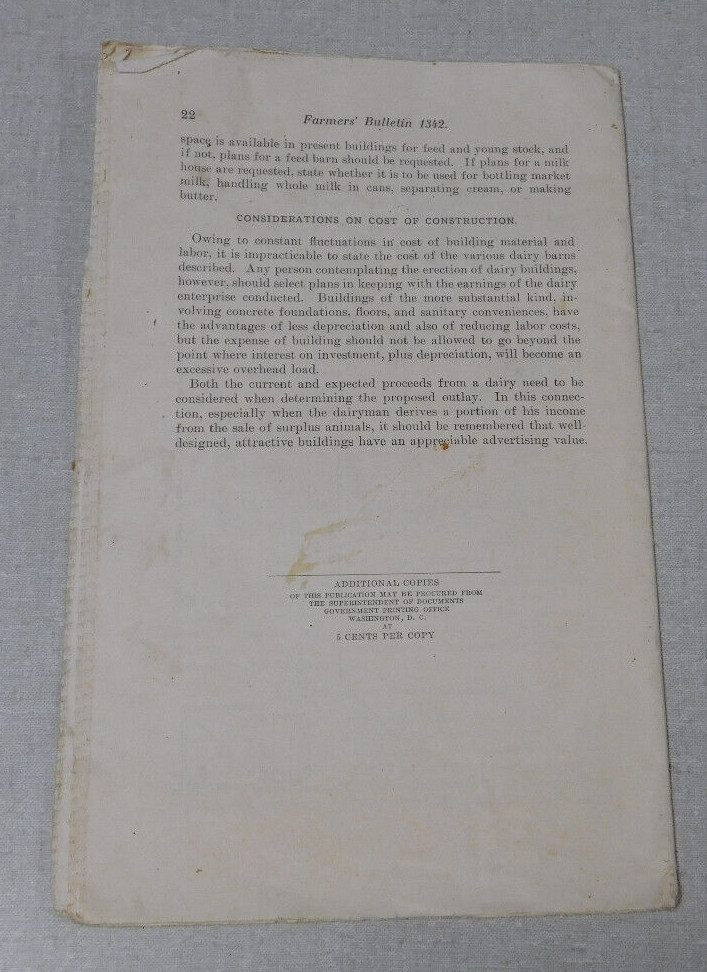 U.S. Department Agriculture bulletin Dairy Barn Construction 1923