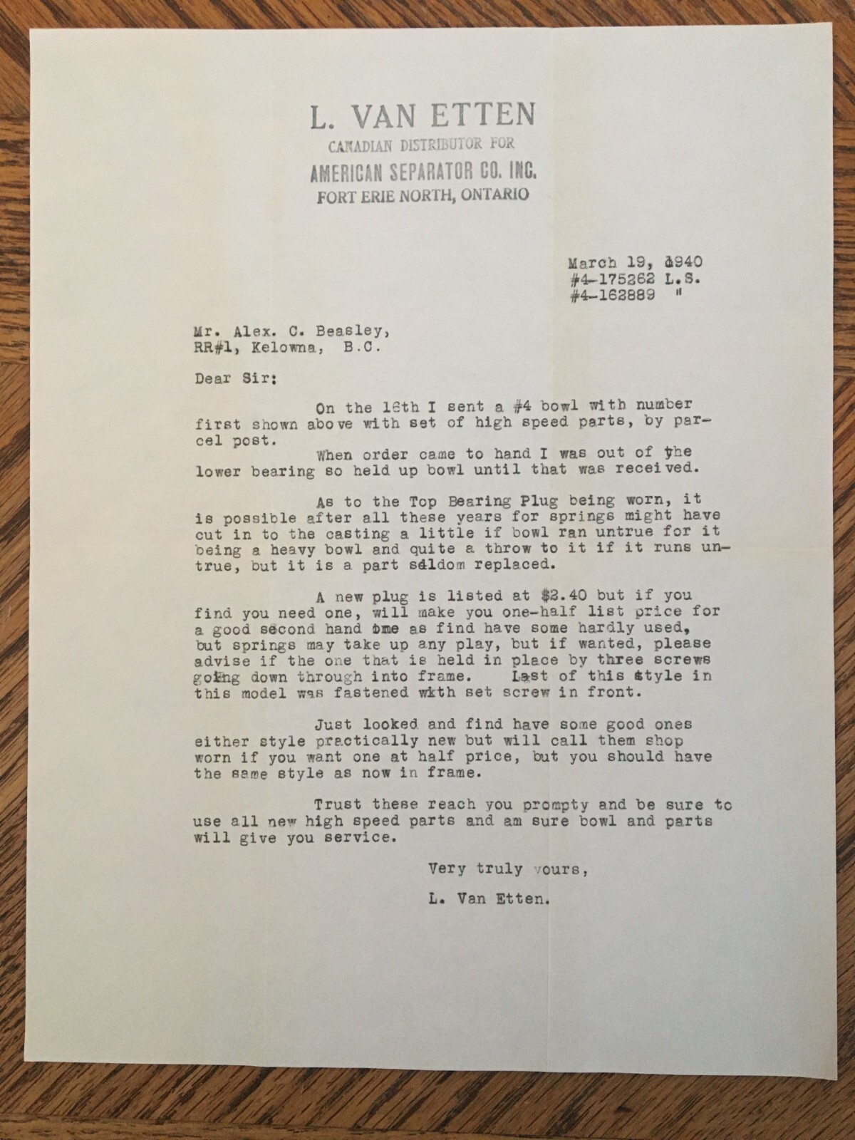 American Separator Co Farm Machinery Letter Receipt 1940 Kelowna BC Cattle Ranch
