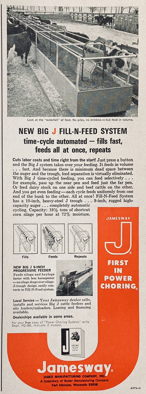 1965 AD.(XH48)~JAMES MFG. CO. FT. ATKINSON, WIS. BIG J FILL-N-FEED SYSTEM