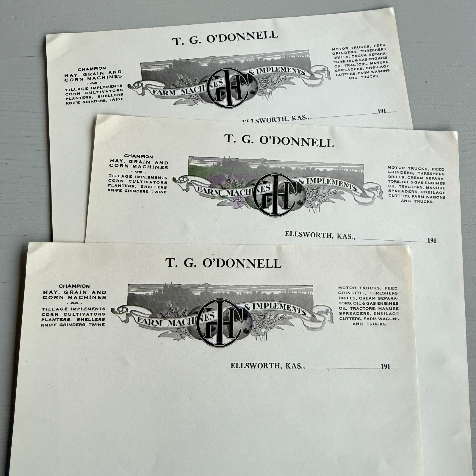 3 Vintage T.G. O&rsquo;Donnell Letterhead Advertising Ellsworth KS Farm Implements
