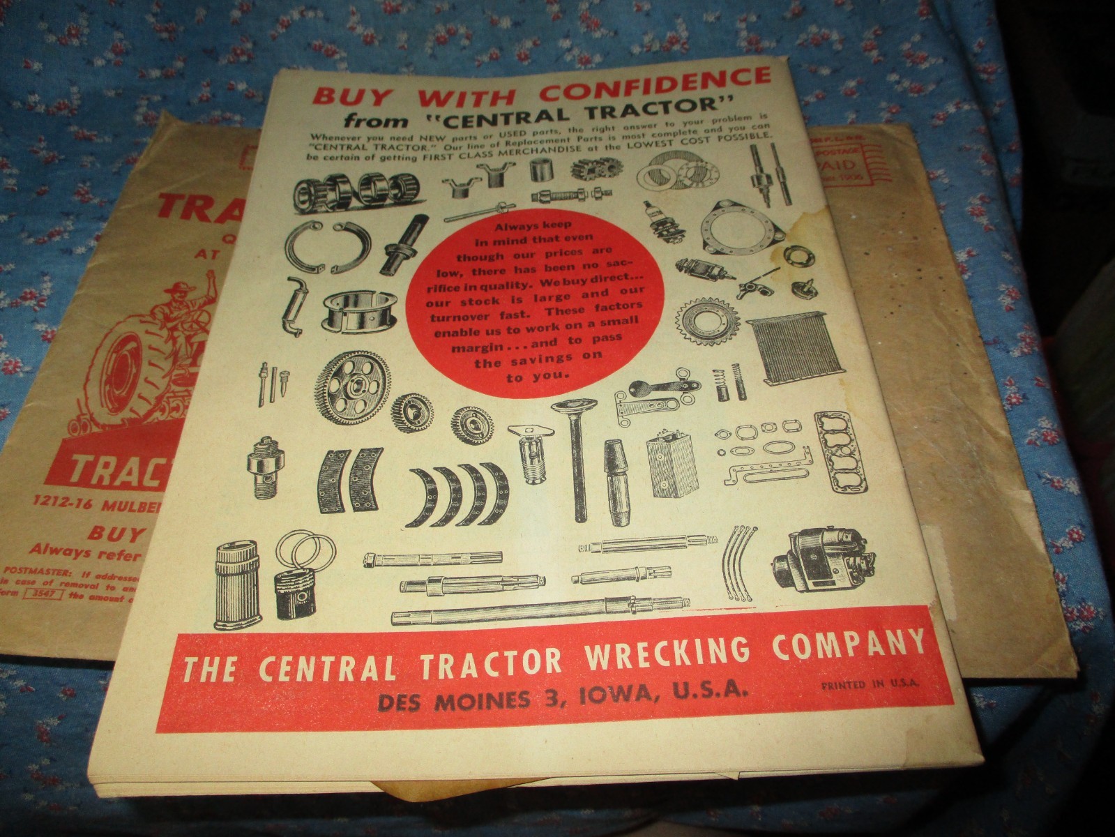 Central Tractor Wrecking Co. Des Moines 3 Iowa 1948 Catalog w/Mailer