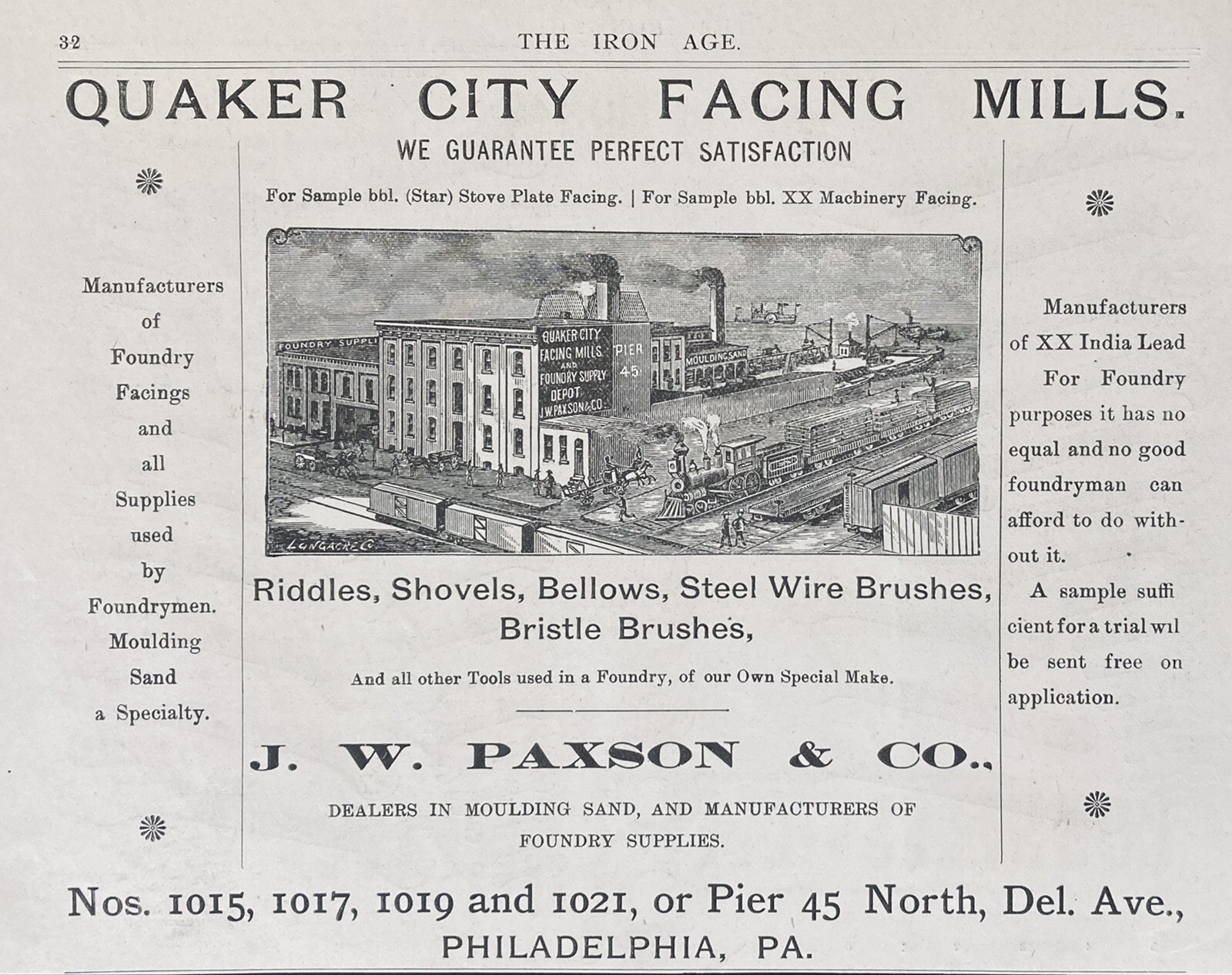 1888 AD.(XH6)~J.PAXSON CO. PHIL., PA. QUAKER CITY FACING MILLS. SHOVELS, BRUSHES