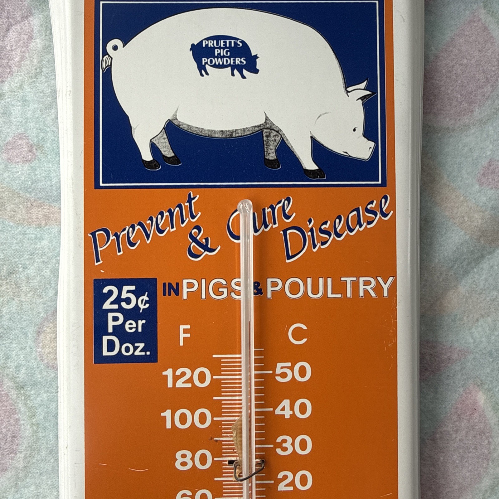 Vintage Pruett’s Pig Powders 16” Metal Taylor Thermometer -Tin Farm Sign!