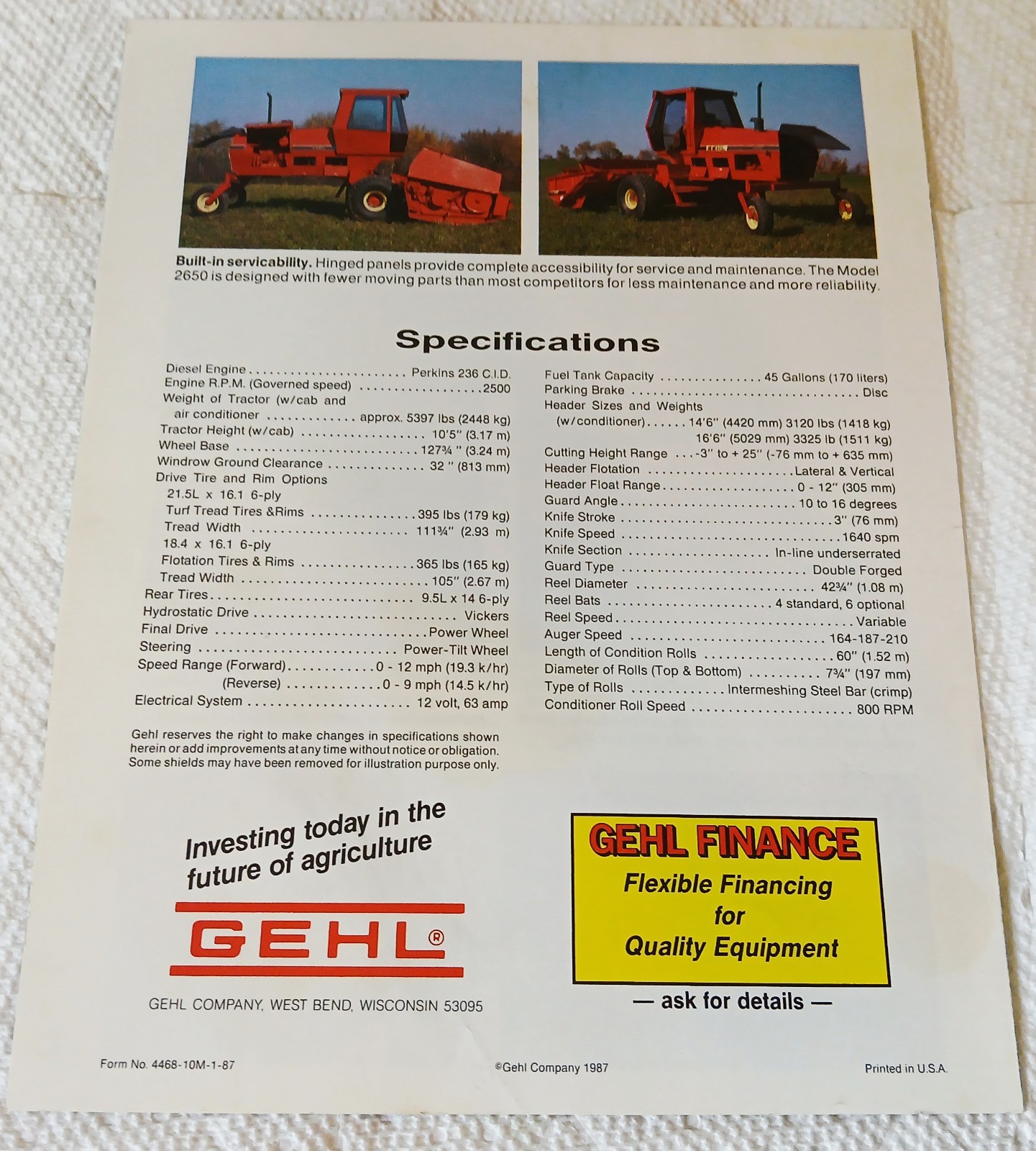 Gehl Self Propelled Windrowers 4 Page Brochure Sales Literature Mowers