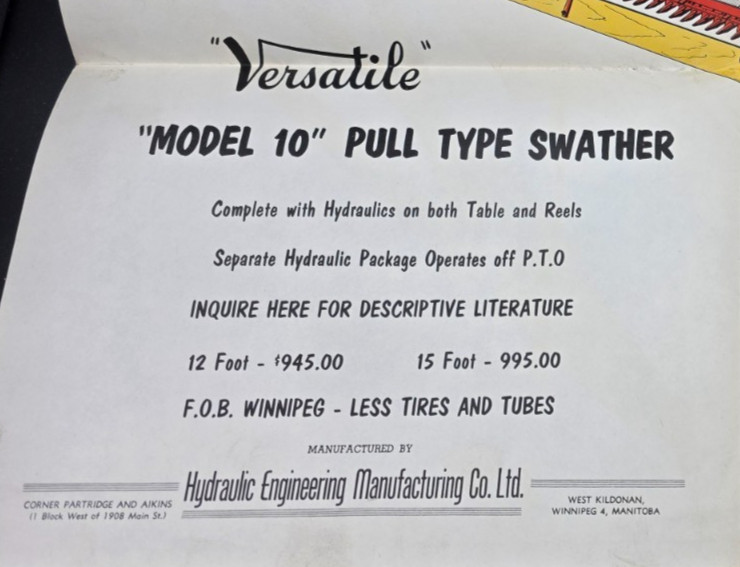 Versatile Model 10 Pull Type Swather Sales Showroom Brochure Poster Vintage 1960