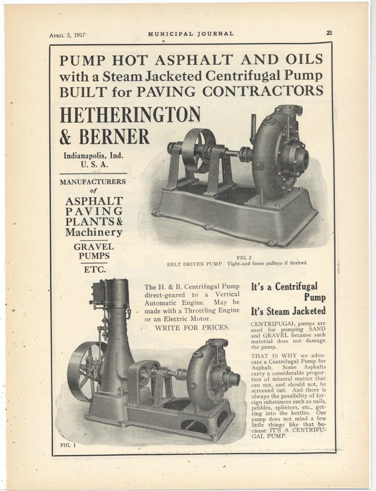 1917 Hetherington & Berner of Indianapolis Ad: Steam Jacketed Centrifugal Pump