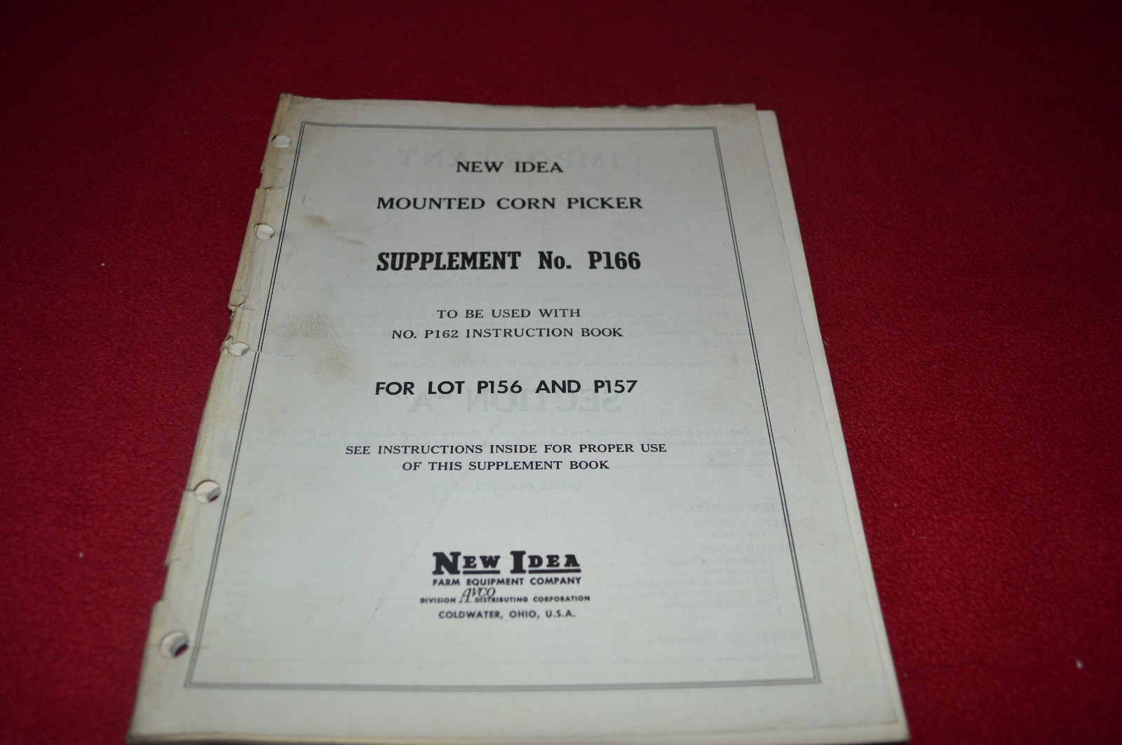 New Idea P166 Mounted Corn Picker Supplement Parts Book & Operator Manual SBPA