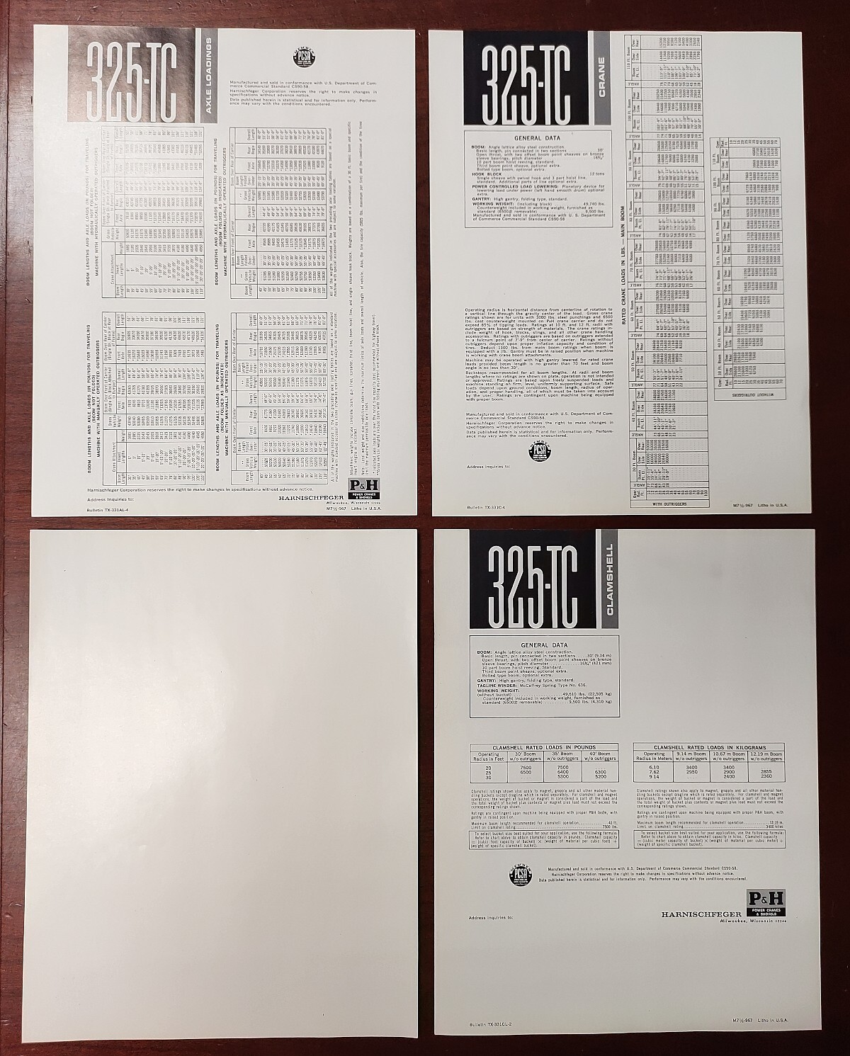 Vintage P&H Harnischfeger 325-TC Crane Fold-out Brochure + 4 Spec Sheets 1960s?