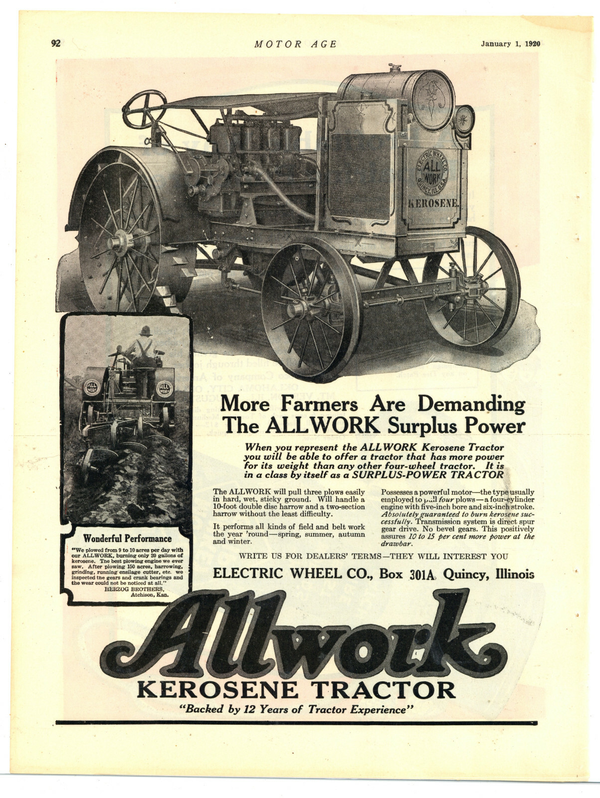 1920 Allwork Tractors Ad: Electric Wheel Co – Quincy, Illinois & Atchison, KS
