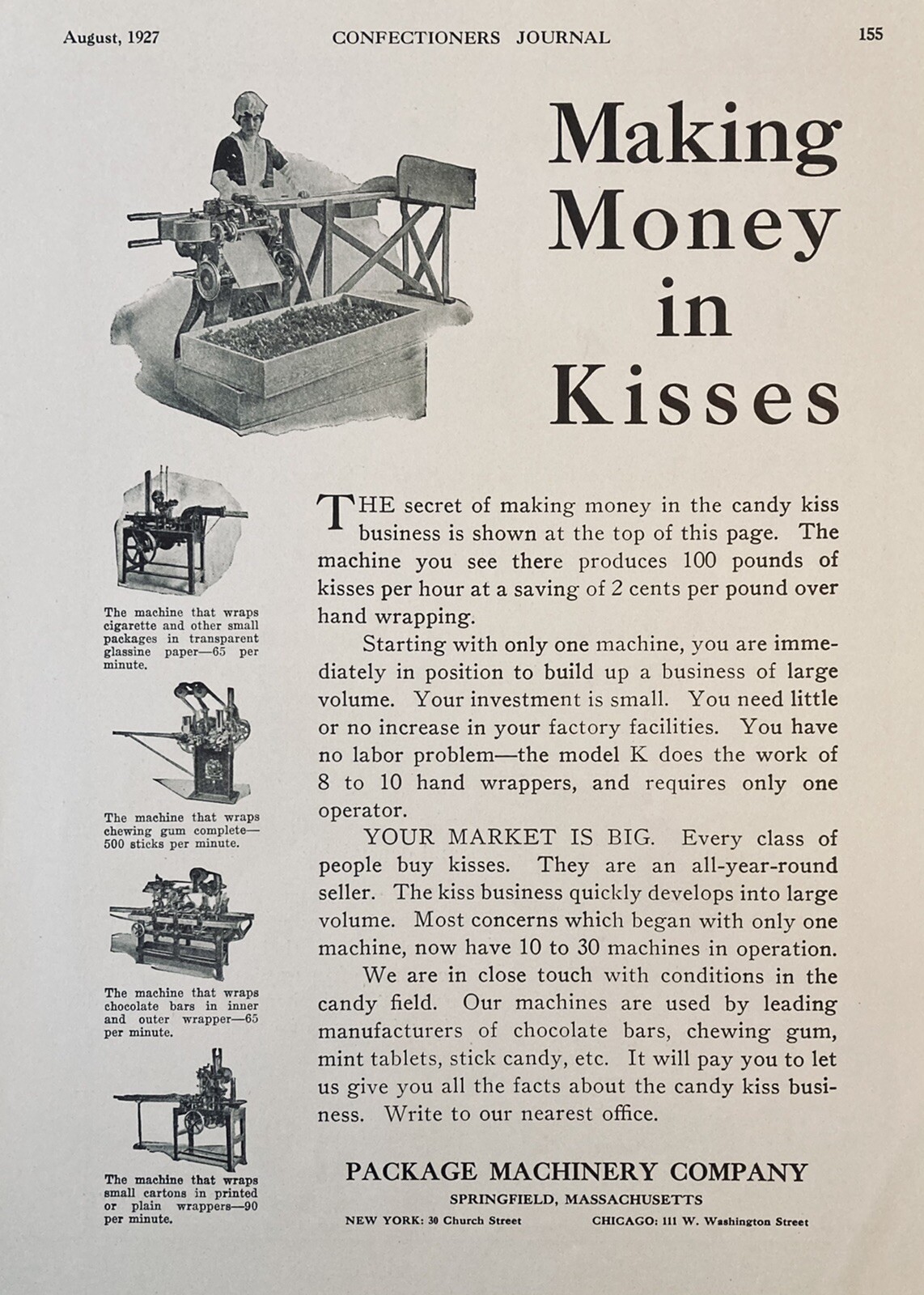 1927 AD.(XG15)~PACKAGE MACHINERY CO. SPRINGFIELD, MASS. CHOCOLATE KISS MACHINE