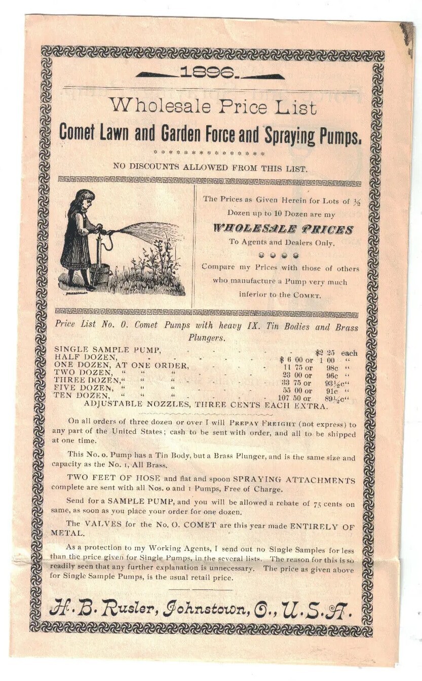 1896 Comet Lawn &Garden Force Pump Recruiting Letter Packet Price List Catalogue