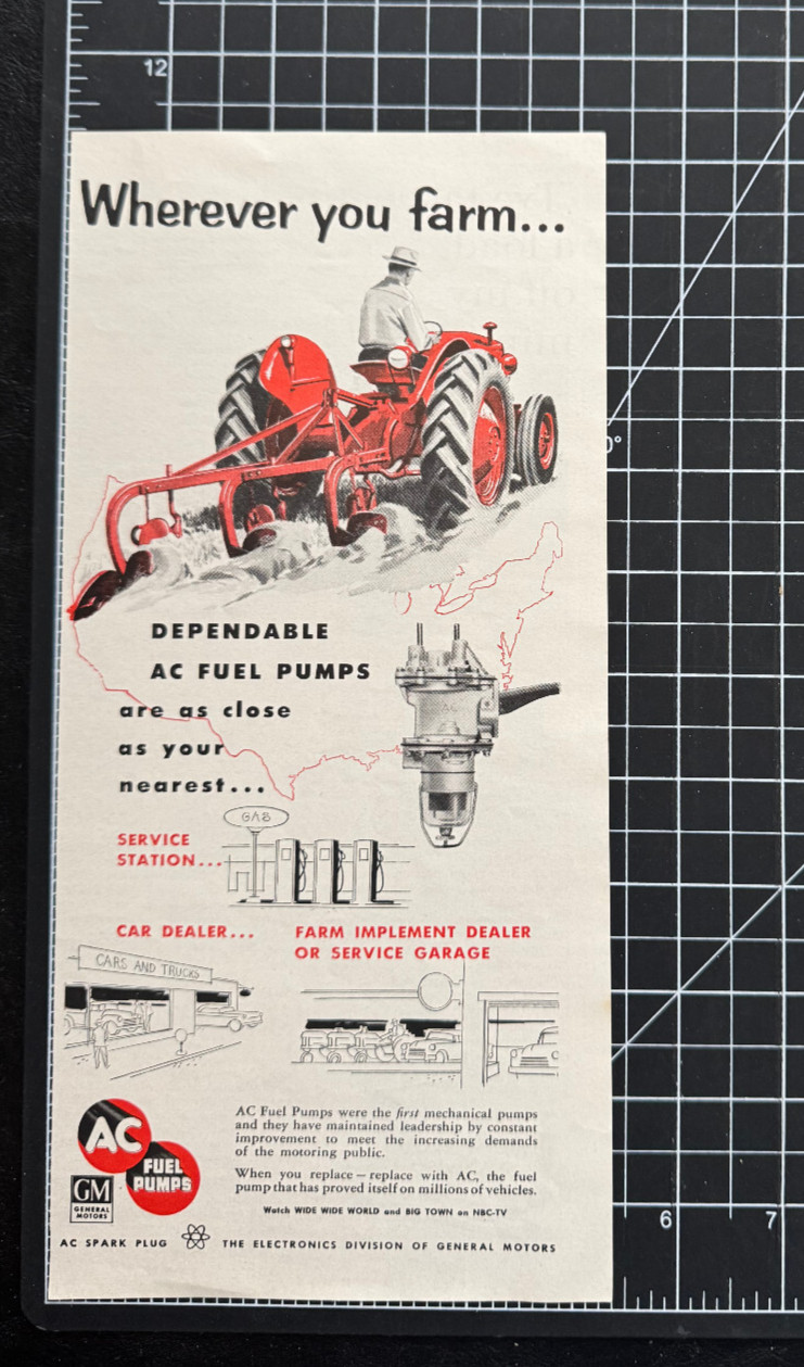 AC Fuel Pumps Red Tractor Dependable Farming Agriculture Vintage Print Ad 1956