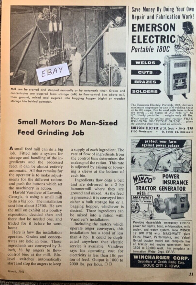 1961 Magaxine Article. Harold Vandiver. Lavonia, Georgia. Small Feed Mill