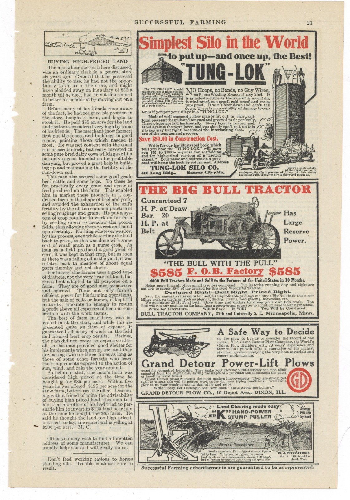 1915 Bull Tractor Co. of Minneapolis Ad: 7hp at Draw Bar, Bull with the Pull!