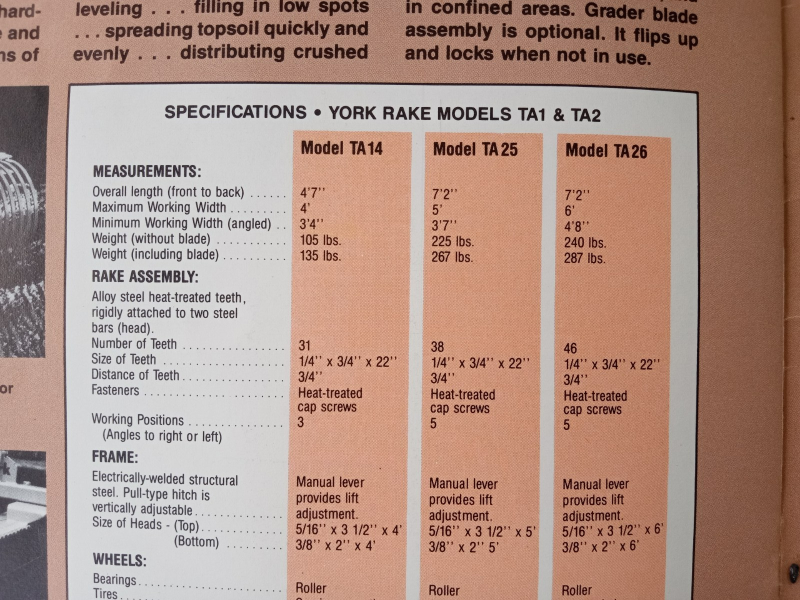 YORK RAKES Sales Brochure Models PRO RE RS TA1 TA2 RW Catalog 1970&rsquo;s