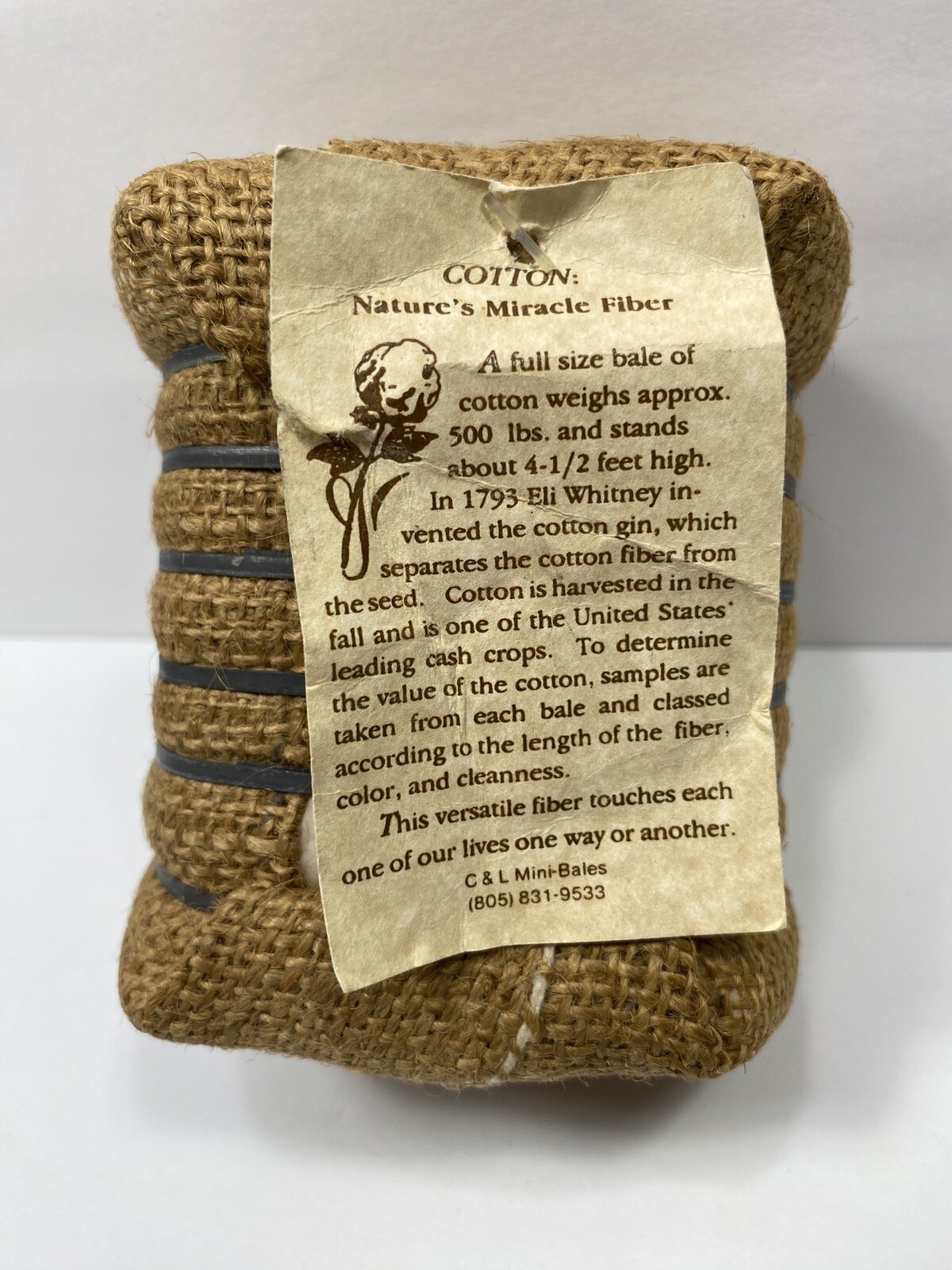 Vintage Cotton Bale Advertising Souvenir Mini Miniature Tag C & L Mini Bales