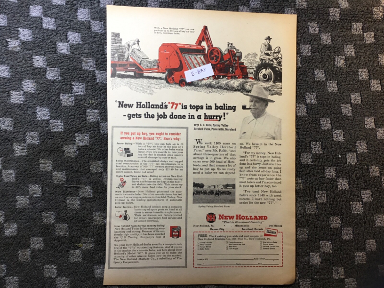 1952 Ad. 1952 New Holland 77 Bailer. Spring Valley Hereford Farm. A. G. Rolfe