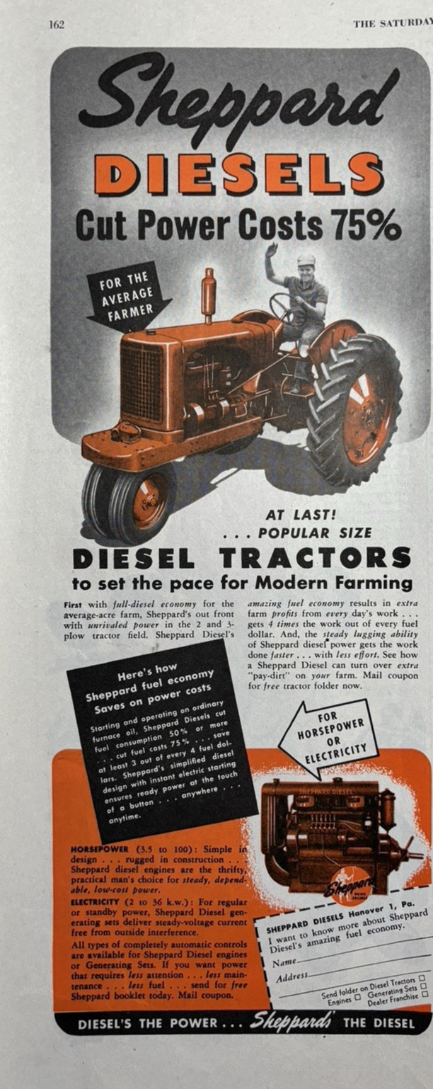 1945 Sheppard Diesel Tractors Modern Farming Electricity HP Economy VTG Print Ad