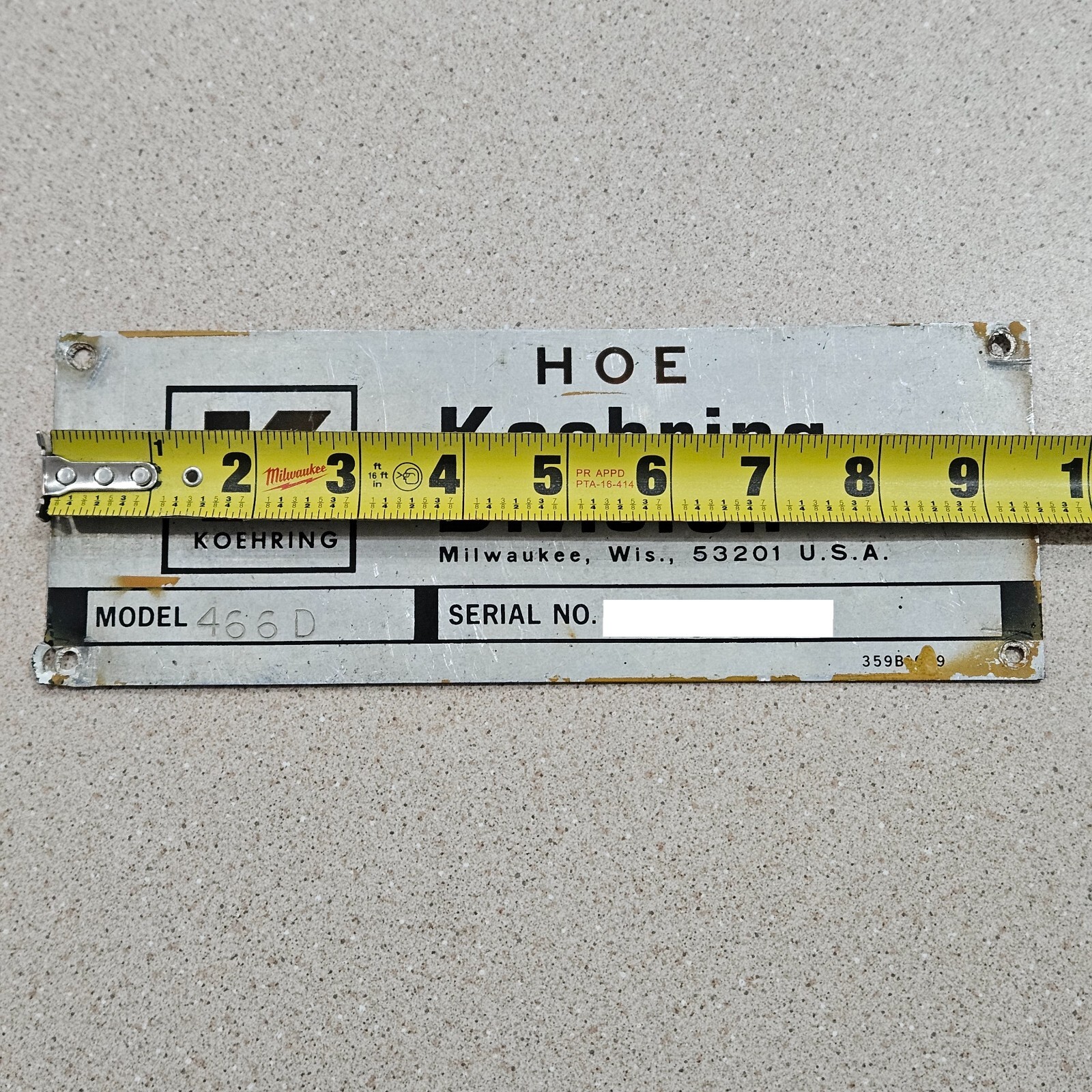 Vintage Koehring Division Milwaukee Excavator Backhoe Metal Data Sign Name Plate