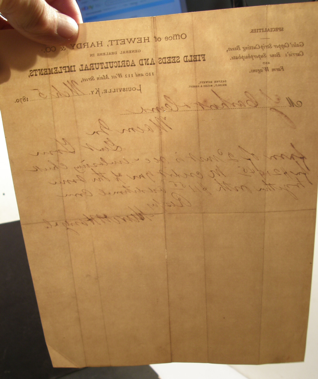ANTIQUE LETTERHEAD HEWETT HARDY CO SEEDS & AGRICULTURAL IMPLEMENTS LOUISVILLE KY