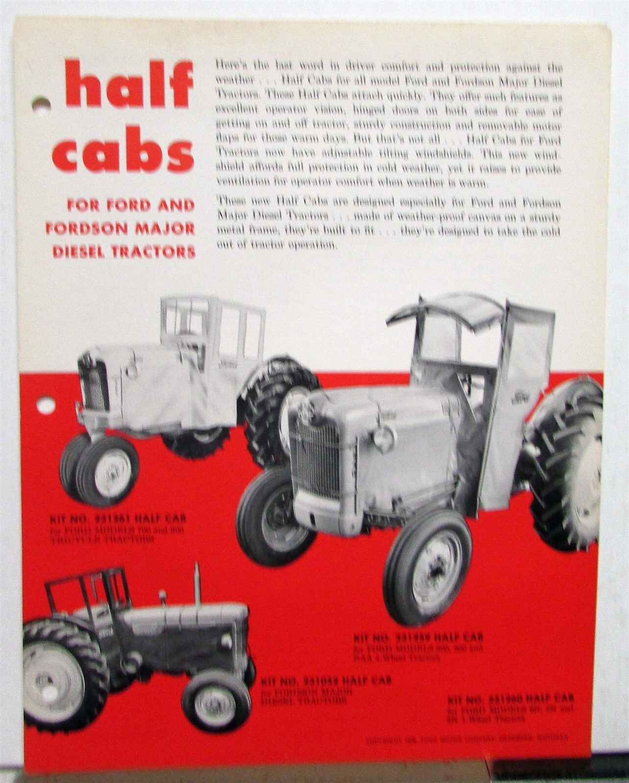1956 Ford Tractor Half Cabs Specifications Agriculture Sales Data Sheet
